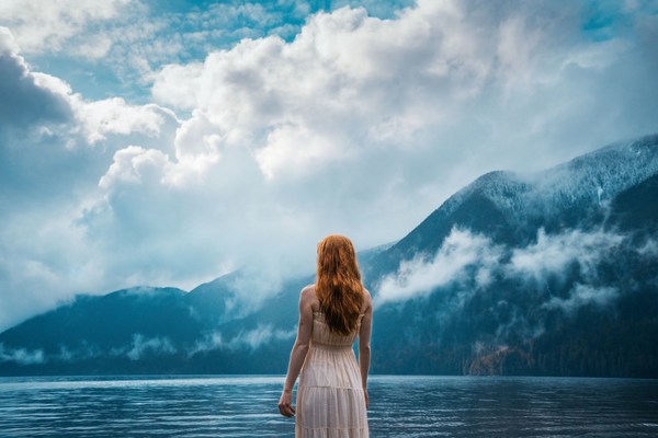 2000x1334 px clouds dress lake mountains nature redhead water women outdoors
