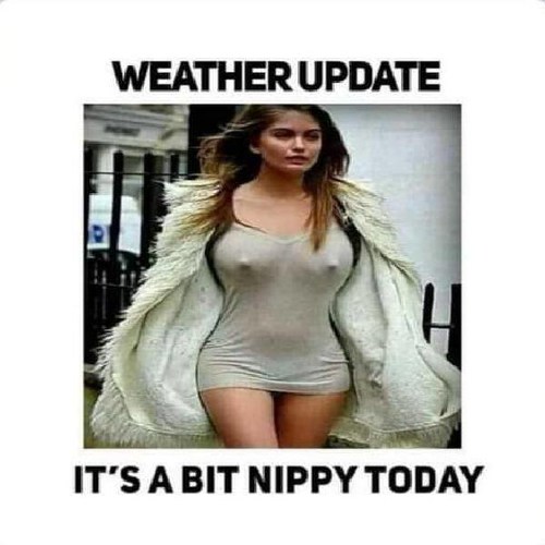 Image may contain: 1 person, text that says "WEATHER UPDATE IT'S A BIT NIPPY TODAY"